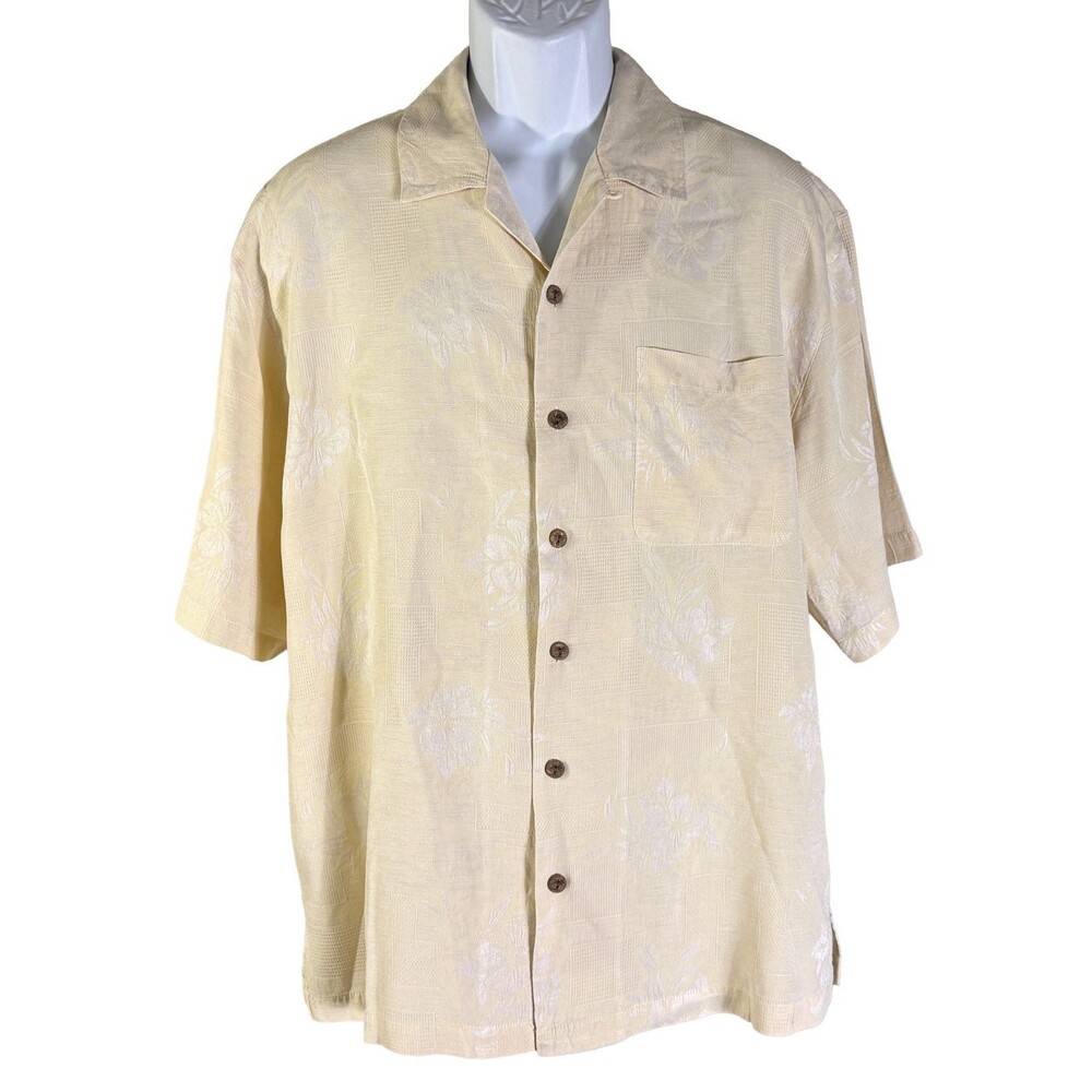 JAMAICA JAXX Men's Short Sleeve Button Down Floral Silk Shirt Yellow Large